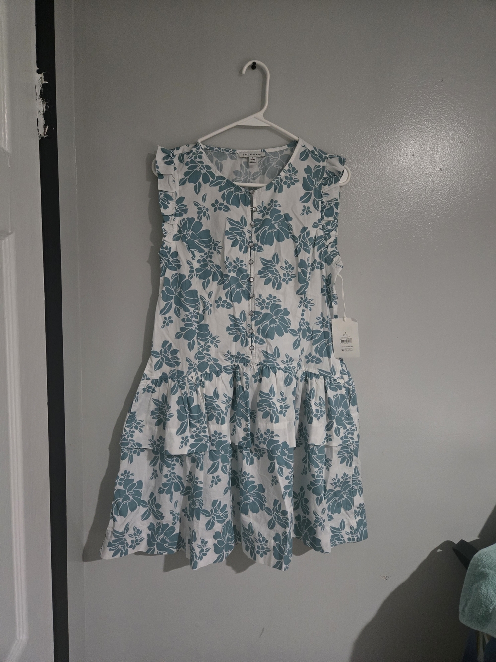 Sleeveless White Midi Dress with Teal Floral Print